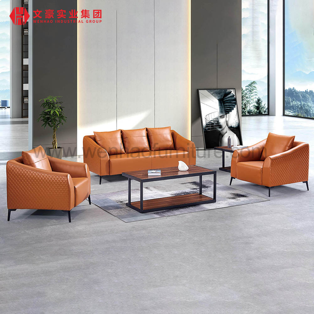 Workstations Boss Room Luxury Leather Orange Sofa Big Office Sofas with Wood Armrest