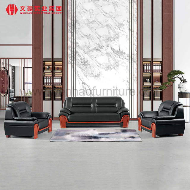 Customized Big Office Leather Sofa Sets Boss Room Sofas with Wood Armrests Furniture Factory