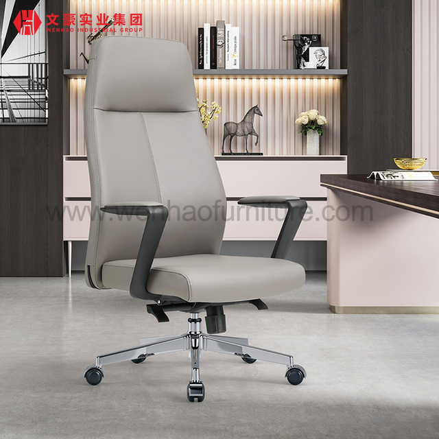 Grey Leather Executive Office Chair with Armrest Swivel Upholstered Desk Chairs