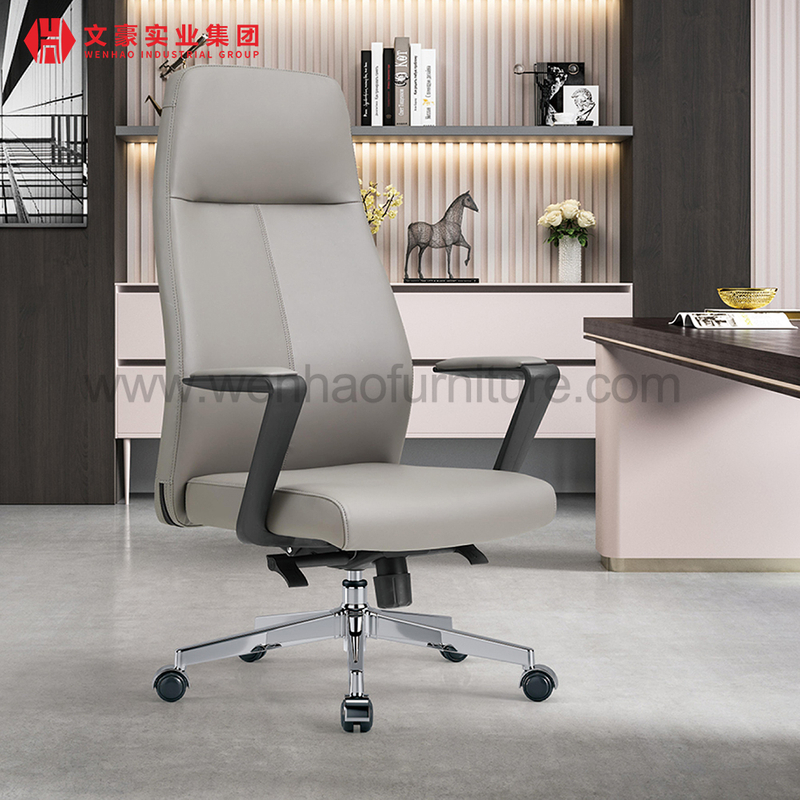 Grey Leather Executive Office Chair with Armrest Swivel Upholstered Desk Chairs
