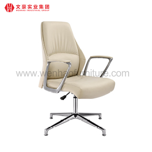 High End Leather Executive Office Chair Cream Swivel Upholstered Professional Desk Chairs with No Wheels